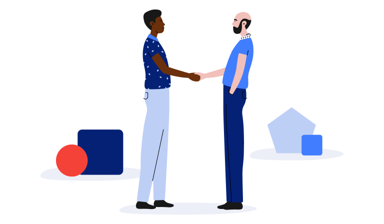 Graphic of two men shaking hands, representing job title data for industry sales leads.